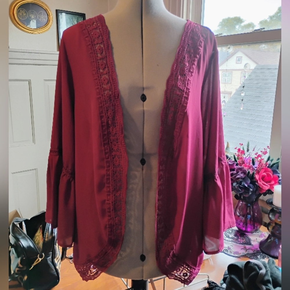 Burgundy Lace Trim Cardigan/Kimono